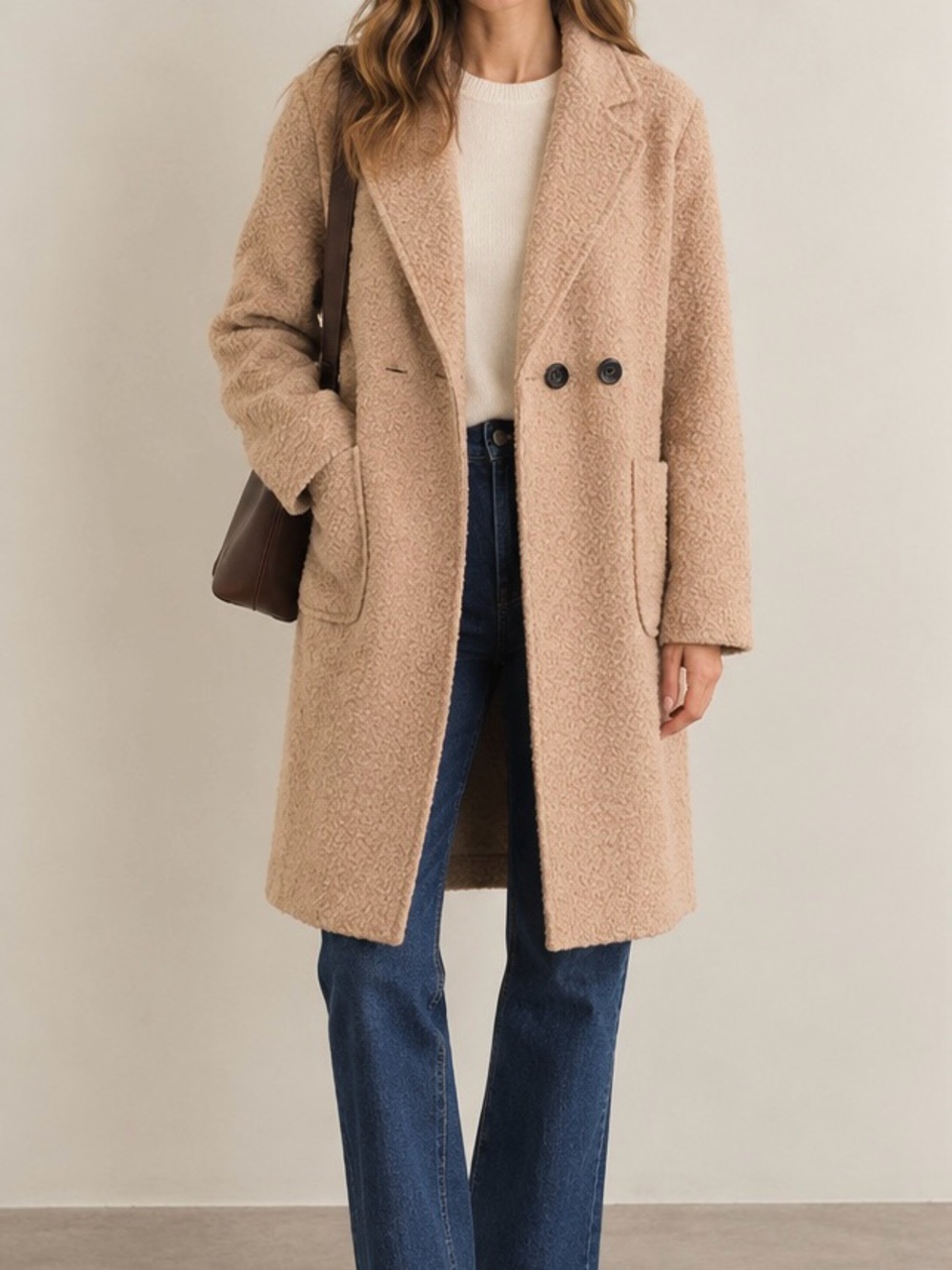 Women's Double-Breasted Teddy Coat - Cream Beige
